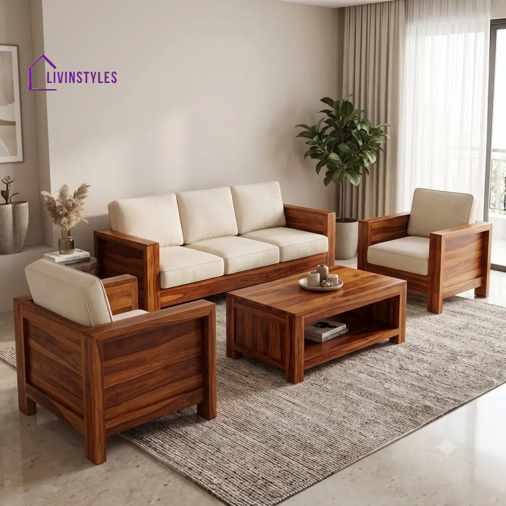 Bhavya Wooden Sofa Set | 3 + 1 + 1 Sheesham Wood Sofa Set for Living Room