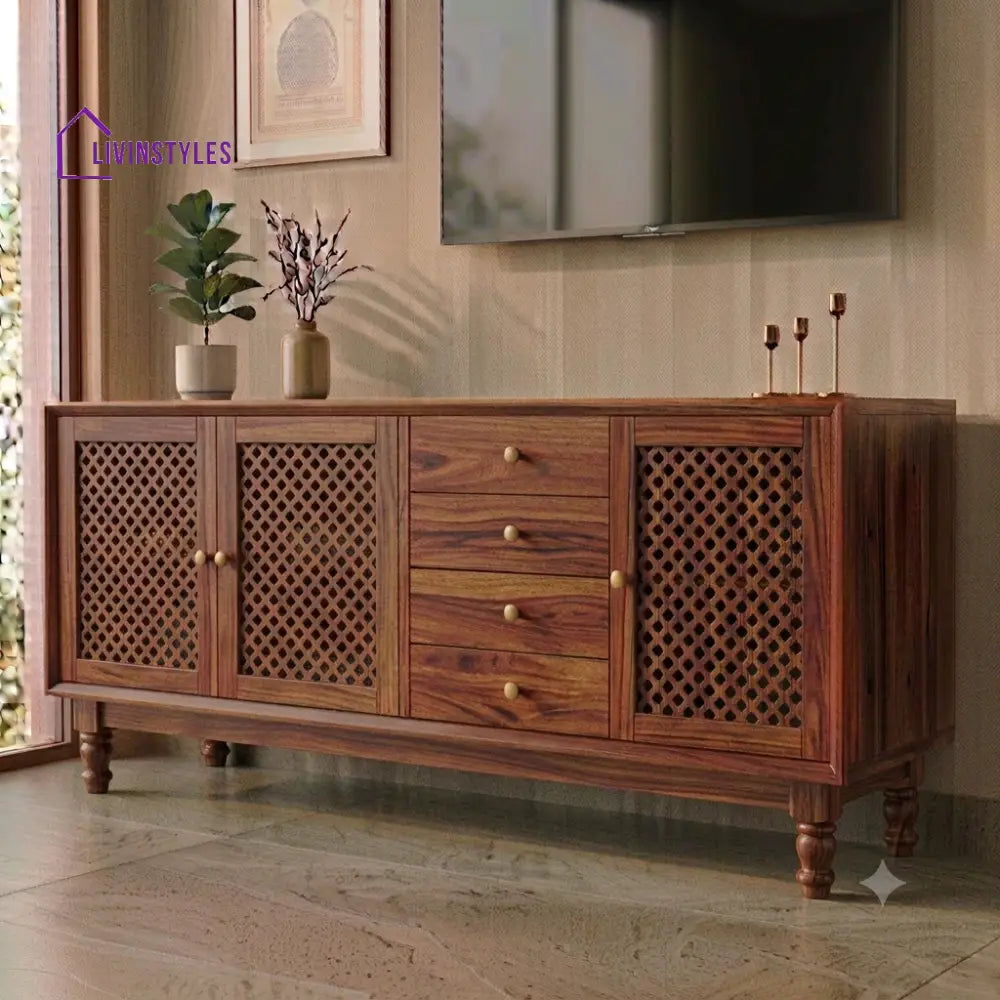 Bhuvana Sheesham Wood TV Console With Honey Finish For Living Room