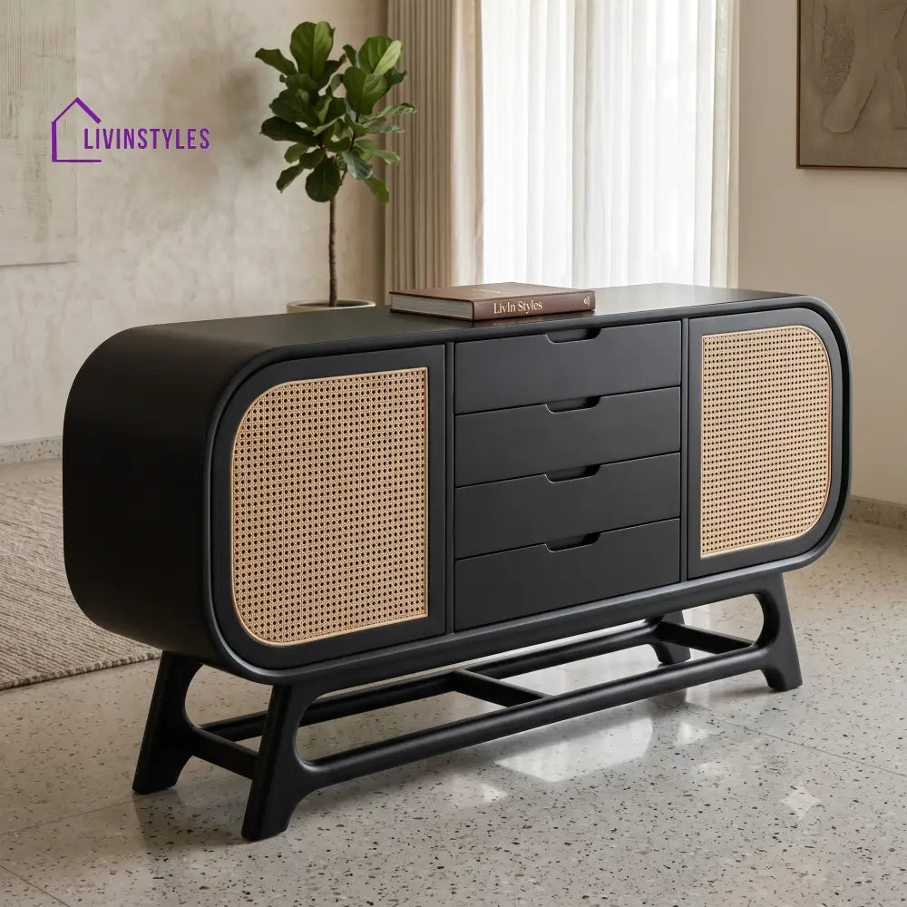 Bhuvana Solid Wood Sideboard and Cabinet in Black Finish