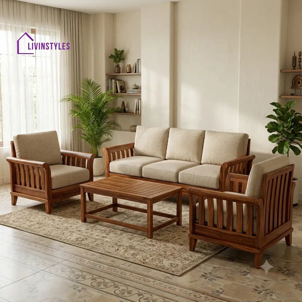 Bhuvana Wooden Sofa Set | 3 + 1 + 1 Sheesham Wood Sofa Set for Living Room