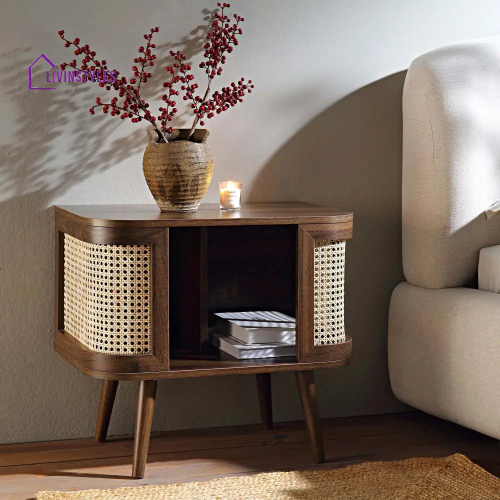 Izzy Curved Rattan Bedside Table Walnut Bedside Table