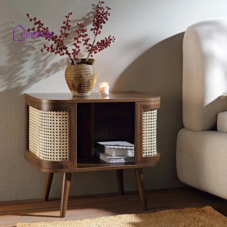 Izzy Curved Rattan Bedside Table Walnut Bedside Table