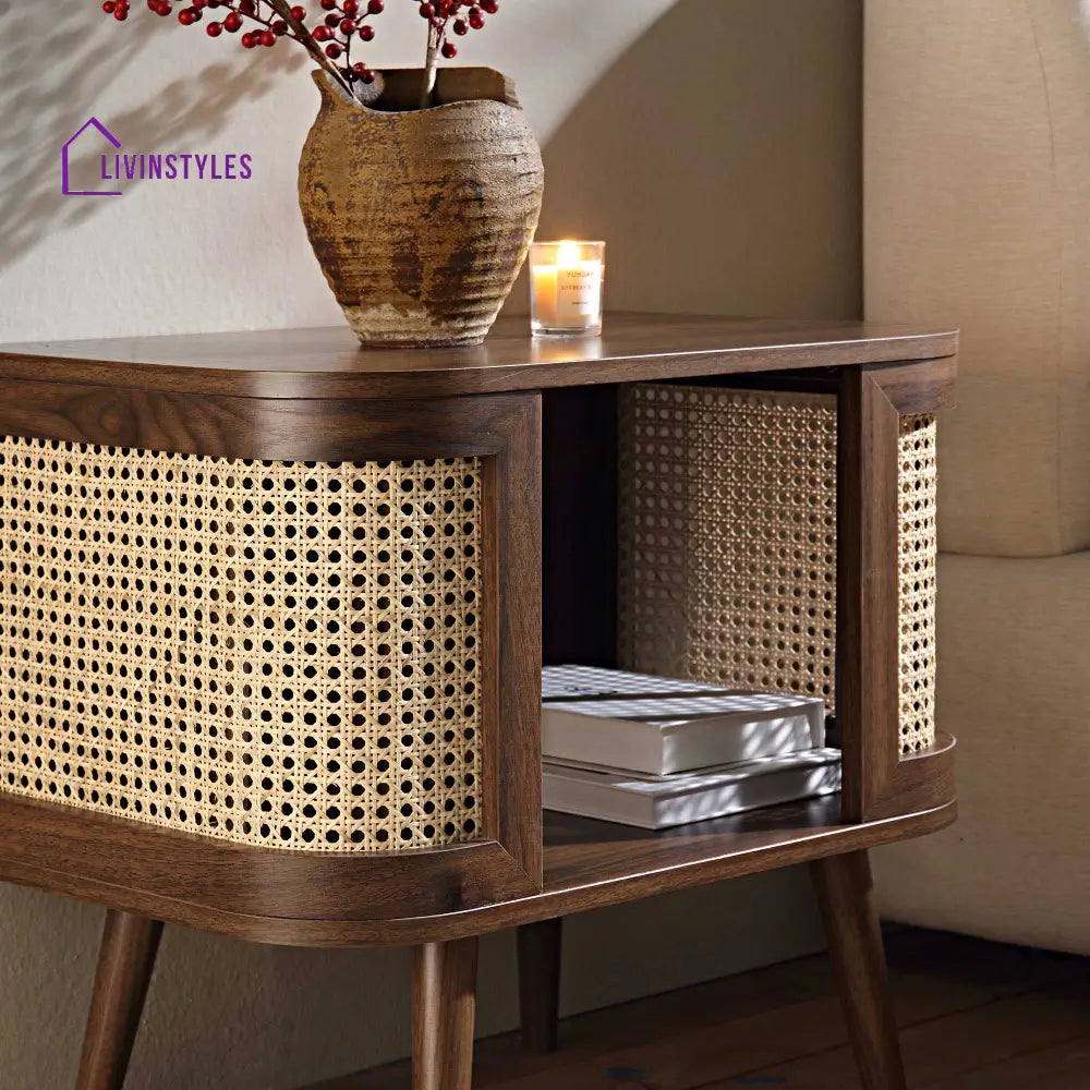 Izzy Curved Rattan Bedside Table Walnut Bedside Table