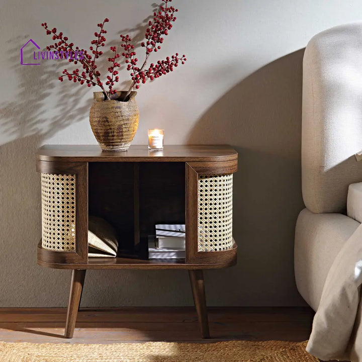 Izzy Curved Rattan Bedside Table Walnut Bedside Table