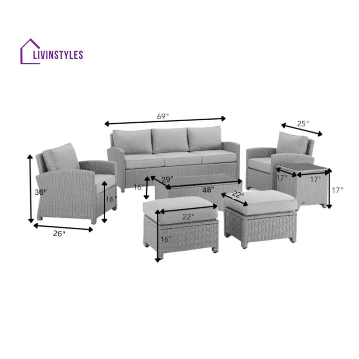Bien Outdoor Garden Balcony Sofa Set 3 Seater 2 Single seater 2 Ottoman and 1 Center Table Conversation Set (Grey)