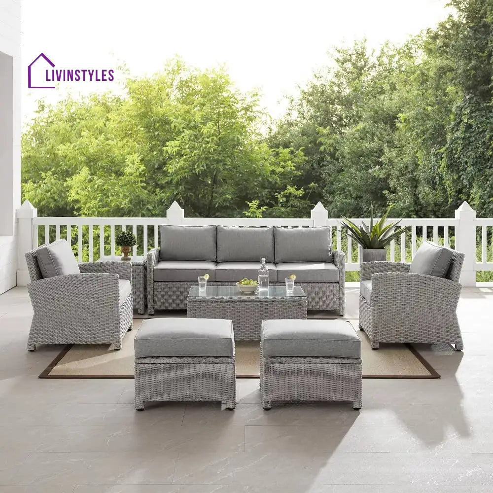 Bien Outdoor Garden Balcony Sofa Set 3 Seater 2 Single seater 2 Ottoman and 1 Center Table Conversation Set (Grey)