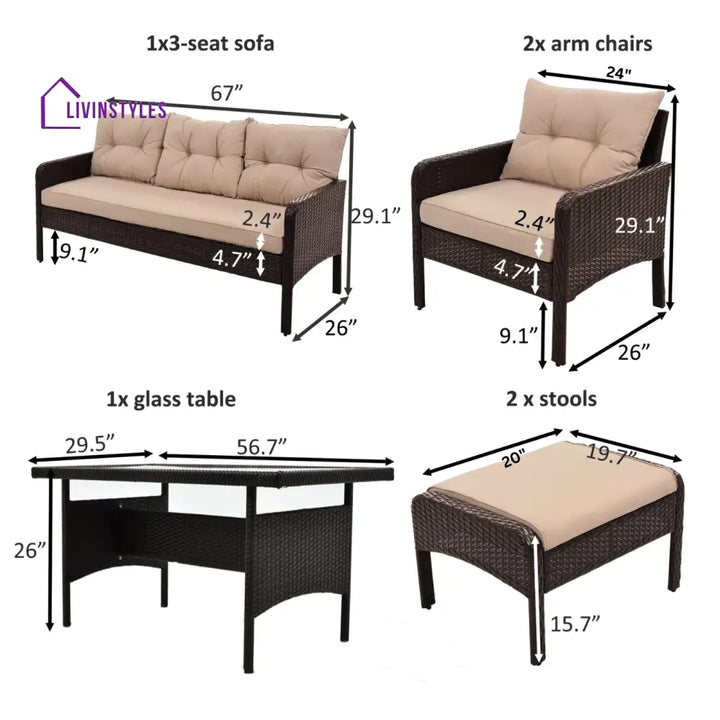 BienMate Outdoor Garden Balcony Sofa Set 3 Seater 2 Single seater 2 Ottoman and 1 Center Table Conversation Set (White
