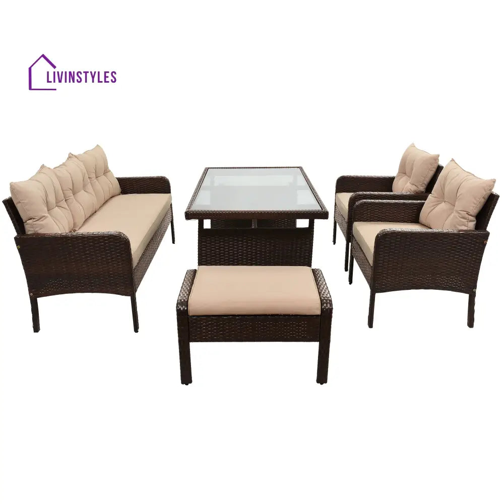 BienMate Outdoor Garden Balcony Sofa Set 3 Seater 2 Single seater 2 Ottoman and 1 Center Table Conversation Set (White