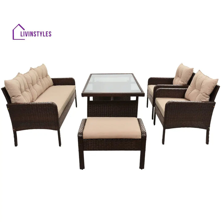 BienMate Outdoor Garden Balcony Sofa Set 3 Seater 2 Single seater 2 Ottoman and 1 Center Table Conversation Set (White