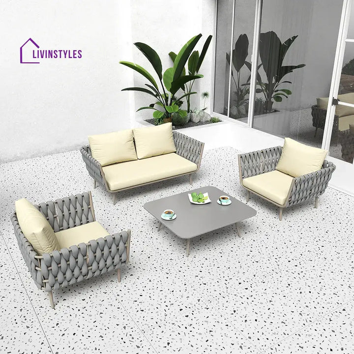 Bifrox Outdoor Garden Balcony Sofa Set 2 Seater 2 Single seater and 1 Center Table Set Braid & Rope (Beige + Grey)