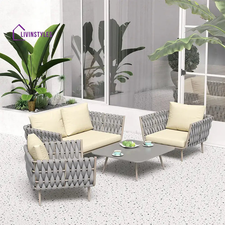 Bifrox Outdoor Garden Balcony Sofa Set 2 Seater 2 Single seater and 1 Center Table Set Braid & Rope (Beige + Grey)