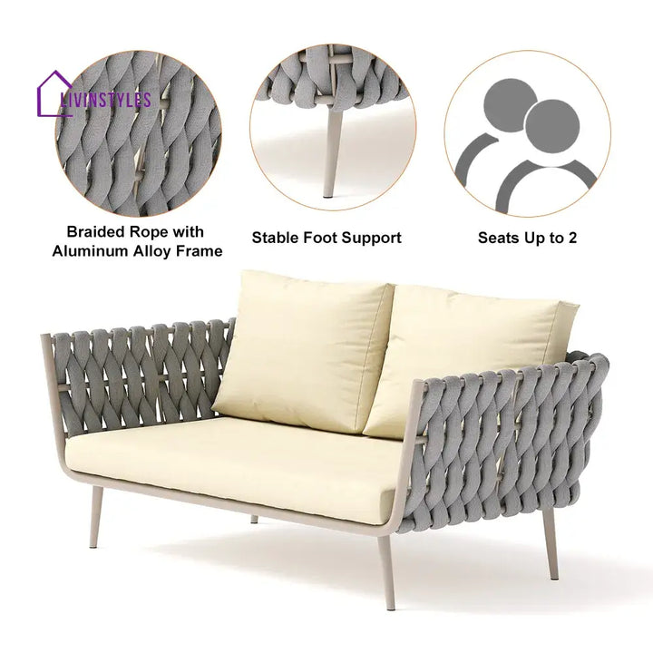 Bifrox Outdoor Garden Balcony Sofa Set 2 Seater 2 Single seater and 1 Center Table Set Braid & Rope (Beige + Grey)