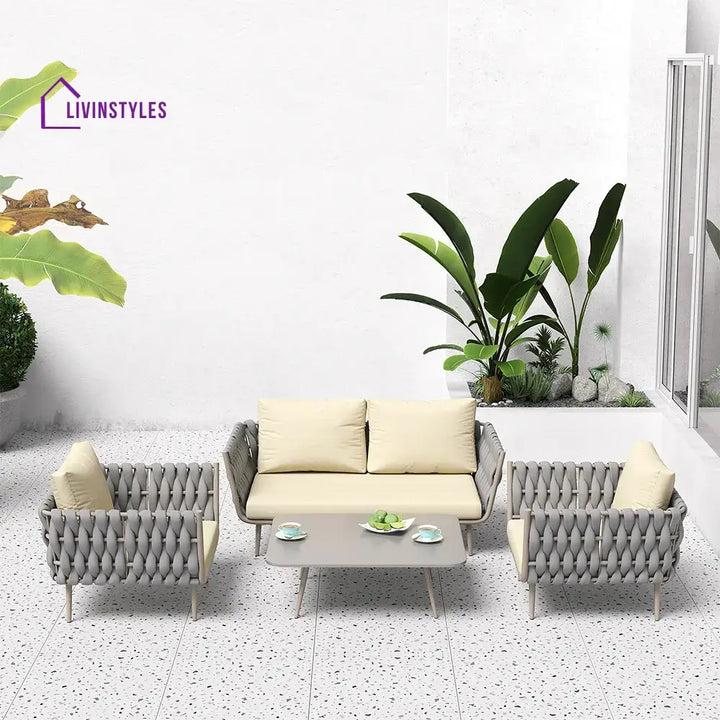 Bifrox Outdoor Garden Balcony Sofa Set 2 Seater 2 Single seater and 1 Center Table Set Braid & Rope (Beige + Grey)