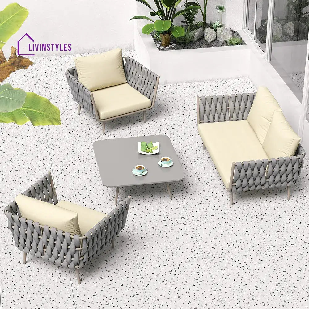 Bifrox Outdoor Garden Balcony Sofa Set 2 Seater 2 Single seater and 1 Center Table Set Braid & Rope (Beige + Grey)