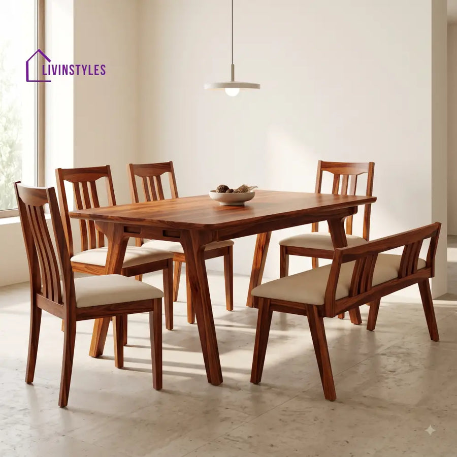 Bimpe Wooden 6 Seater Dining Table Set | 4 Chairs and 1 Bench | Table 72 X 36 X 30 Inch