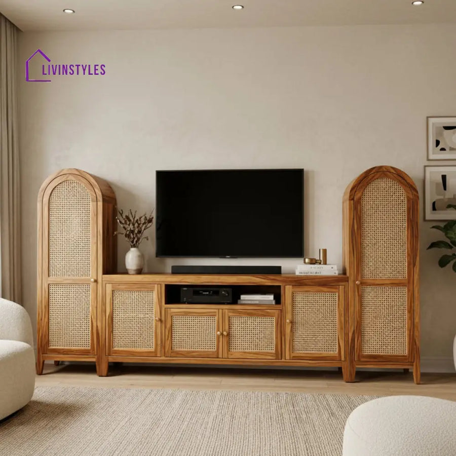 Binh Premium Solid Wood TV Unit with Cane Panel Cabinet