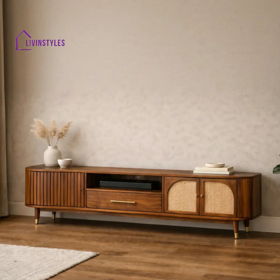 Binh Premium Solid Wood TV Unit with Cane Panel Cabinet