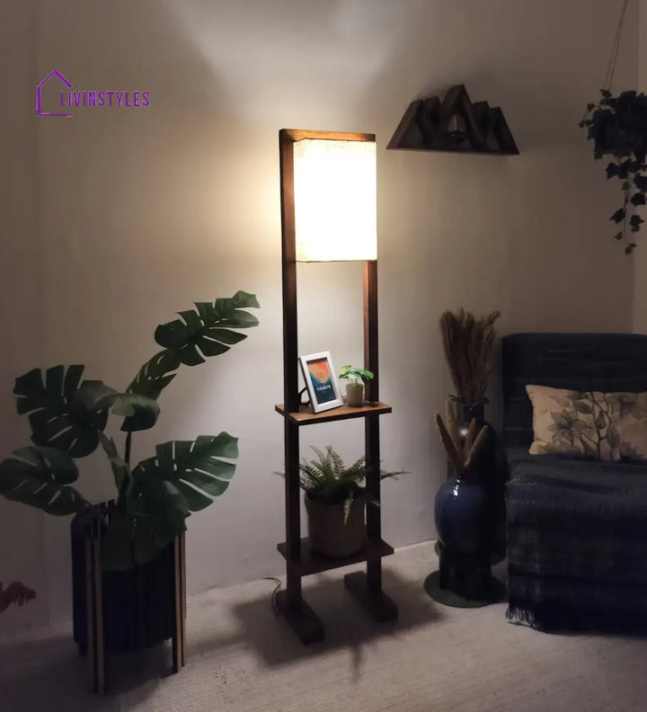 Biped Wooden Floor Lamp With Brown Base And Beige Fabric Lampshade Lamps
