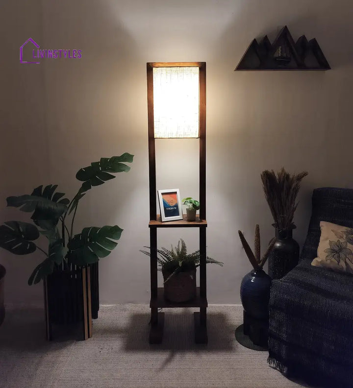 Biped Wooden Floor Lamp With Brown Base And Beige Fabric Lampshade Lamps