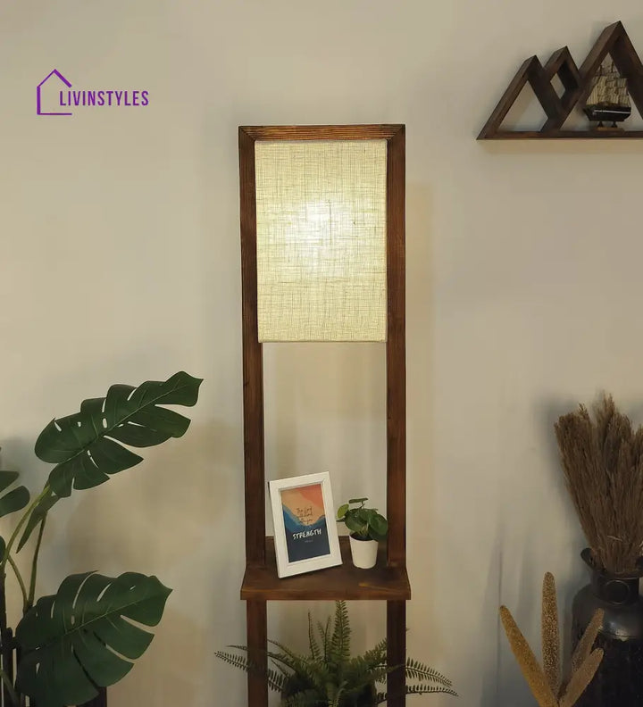 Biped Wooden Floor Lamp With Brown Base And Beige Fabric Lampshade Lamps