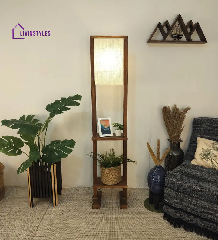Biped Wooden Floor Lamp With Brown Base And Beige Fabric Lampshade Lamps