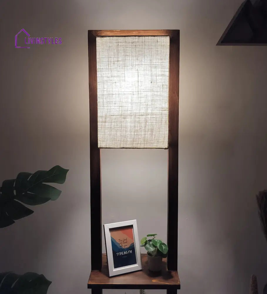 Biped Wooden Floor Lamp With Brown Base And Beige Fabric Lampshade Lamps