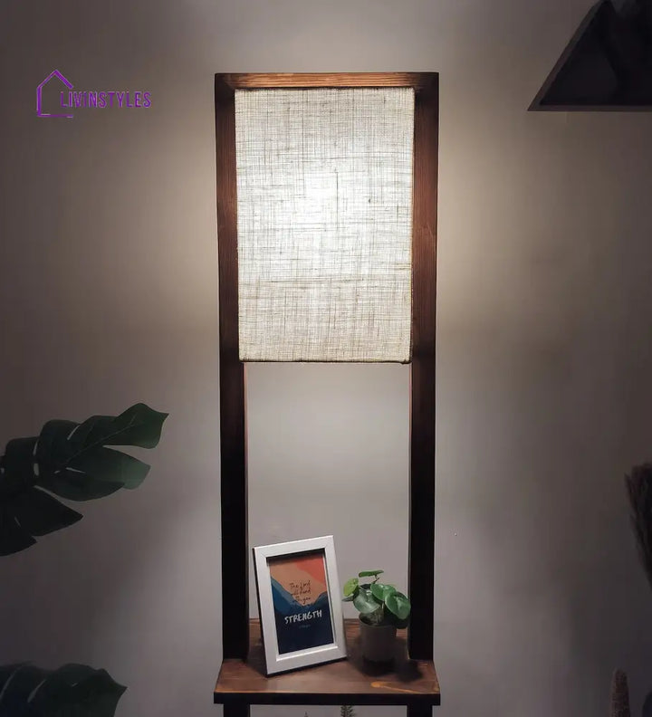Biped Wooden Floor Lamp With Brown Base And Beige Fabric Lampshade Lamps