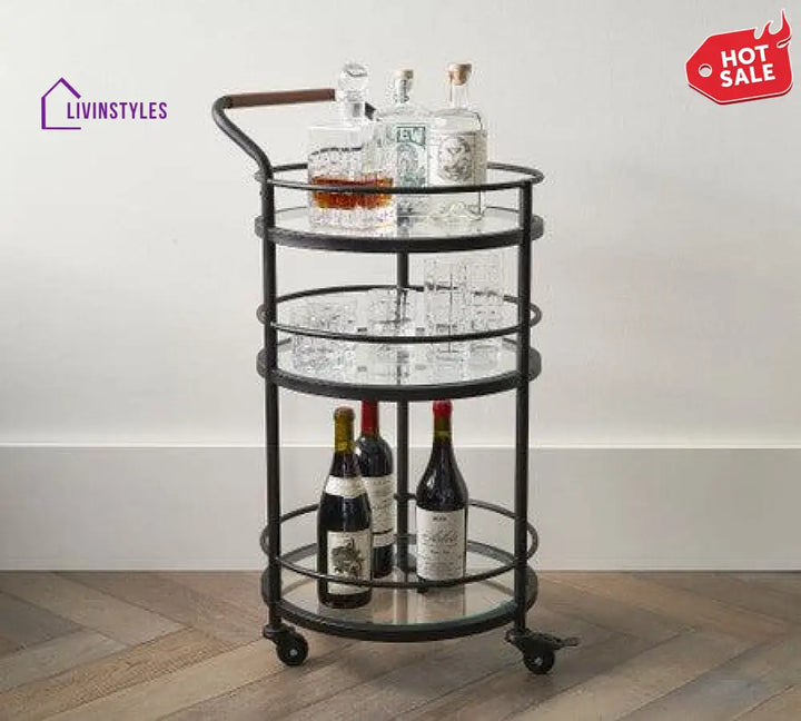 Black Round Two Tier Bar Cart Trolley with Clear Glass Shelves