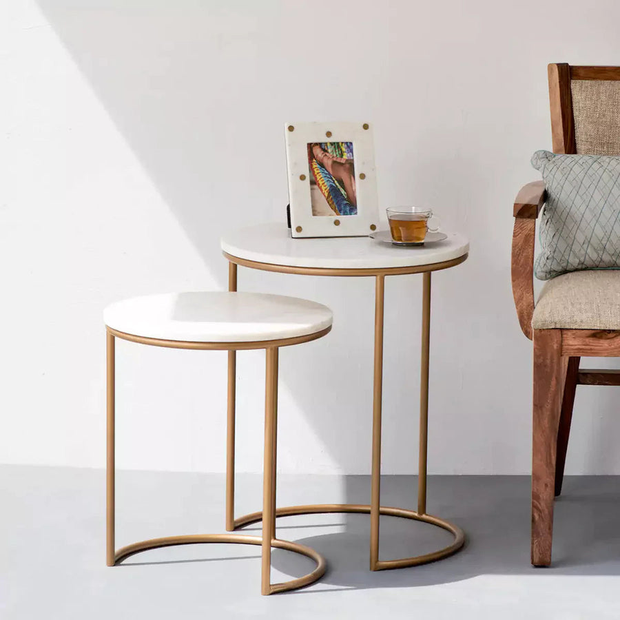 Black & White Marble Top Iron Stand Coffee Table Set of 2 Table