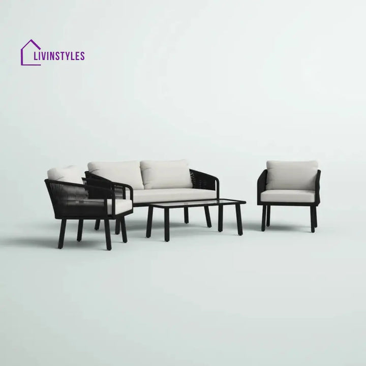 Blaise Outdoor Garden Balcony Sofa Set 2 Seater 2 Single seater and 1 Center Table Set (Black) Braided and Rope. - Sofa