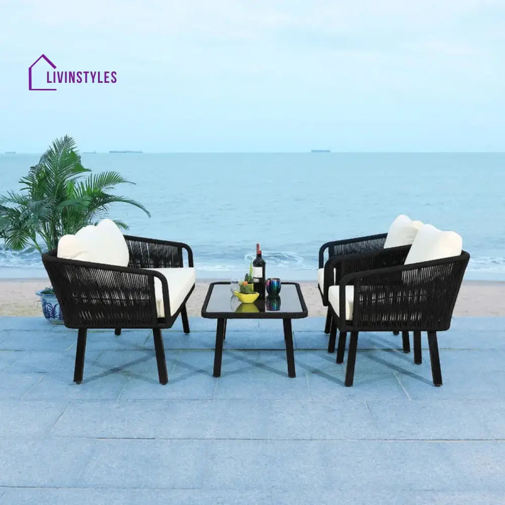 Blaise Outdoor Garden Balcony Sofa Set 2 Seater 2 Single seater and 1 Center Table Set (Black) Braided and Rope. - Sofa