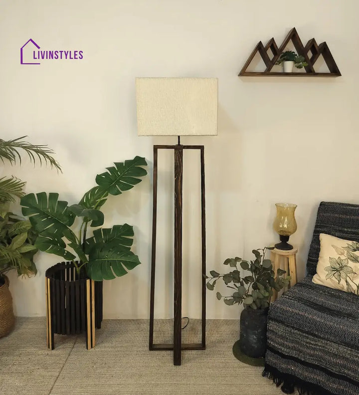 Blender Wooden Floor Lamp With Brown Base And Beige Fabric Lampshade Lamps