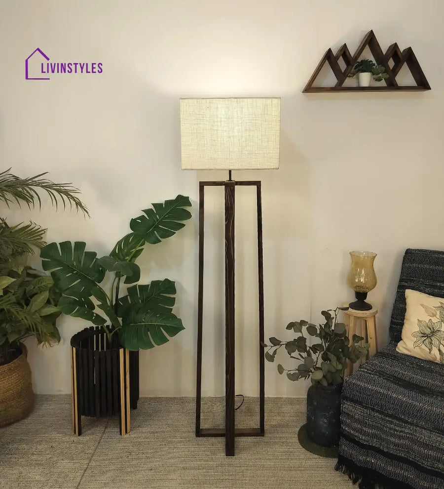 Blender Wooden Floor Lamp With Brown Base And Beige Fabric Lampshade Lamps