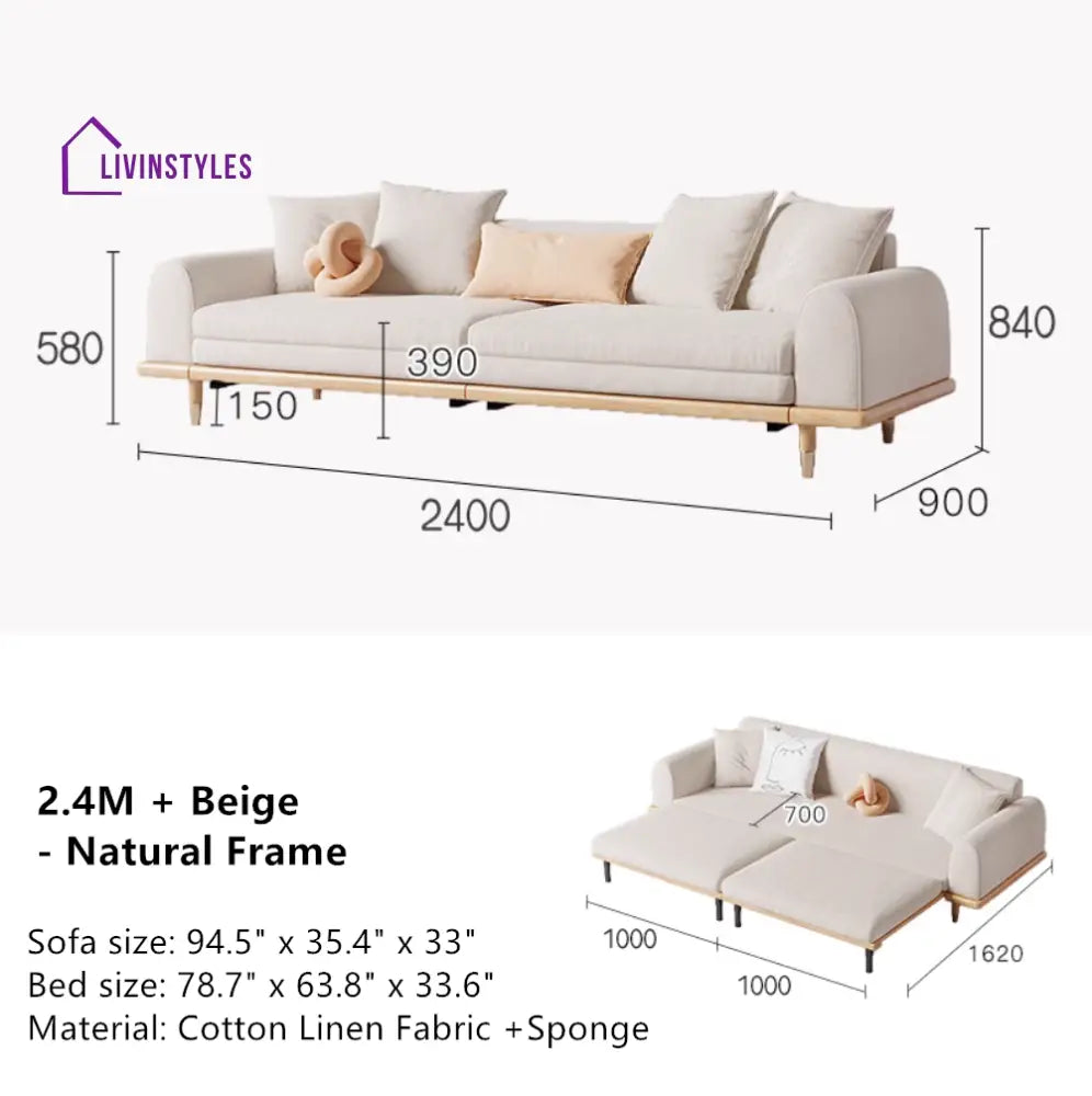 Japandi Minimalism Solid Wood Sofa Bed Beige Linen Cotton Cover + Natural Frame SOFA BED