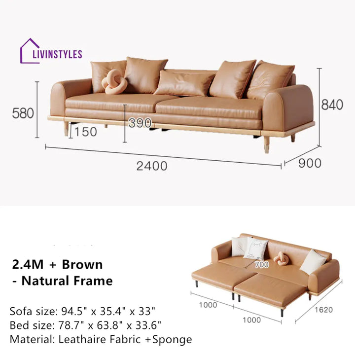 Japandi Minimalism Solid Wood Sofa Bed Brown Leathaire Cover + Natural Frame SOFA BED