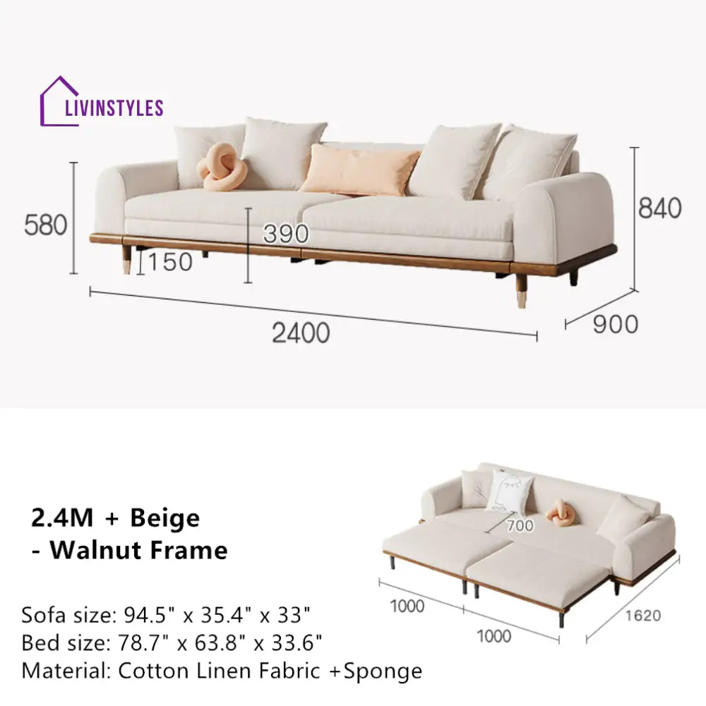 Japandi Minimalism Solid Wood Sofa Bed Beige Linen Cotton Cover + Walnut Frame SOFA BED