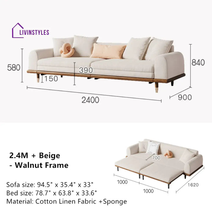 Japandi Minimalism Solid Wood Sofa Bed Beige Linen Cotton Cover + Walnut Frame SOFA BED