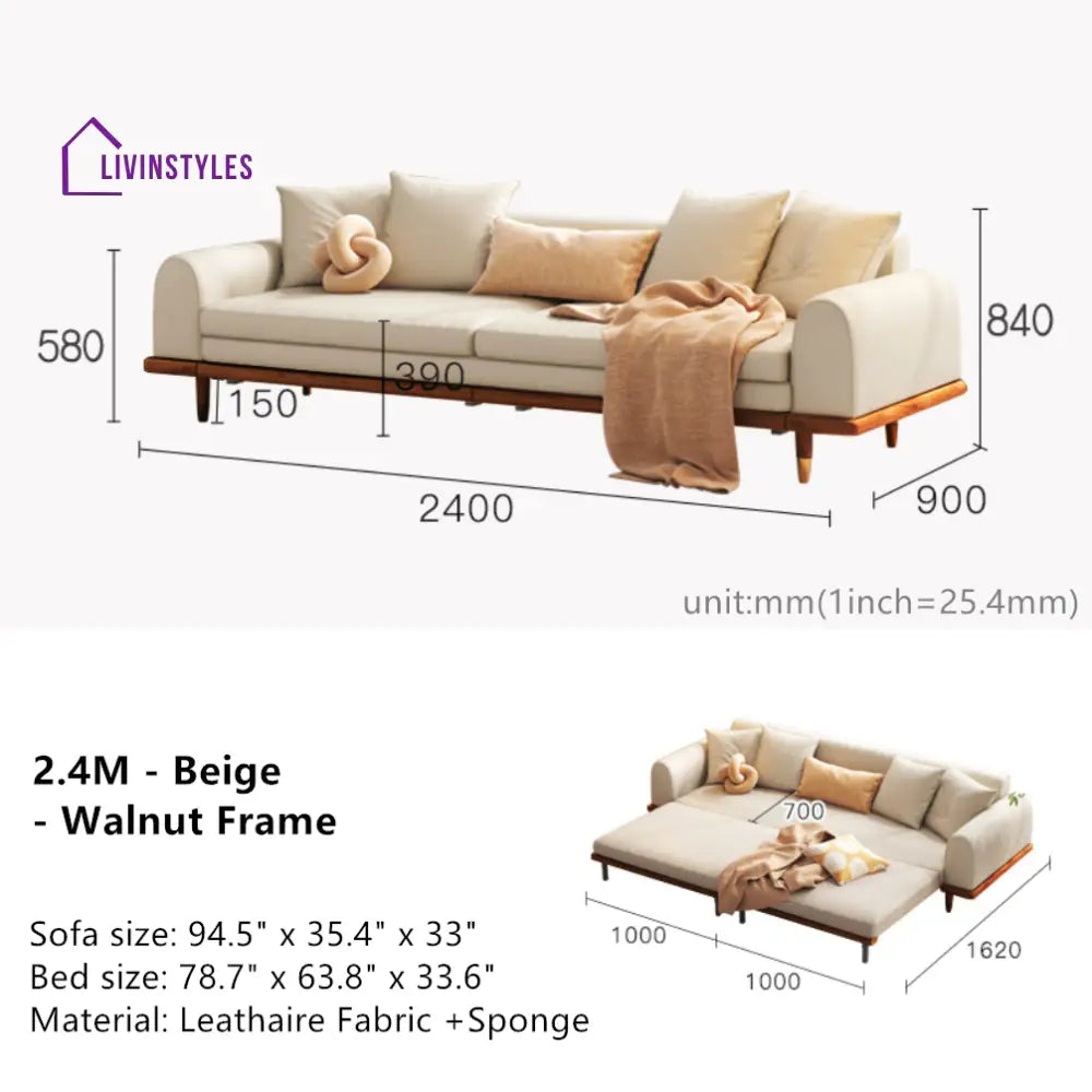 Japandi Minimalism Solid Wood Sofa Bed Beige Leathaire Cover + Walnut Frame SOFA BED