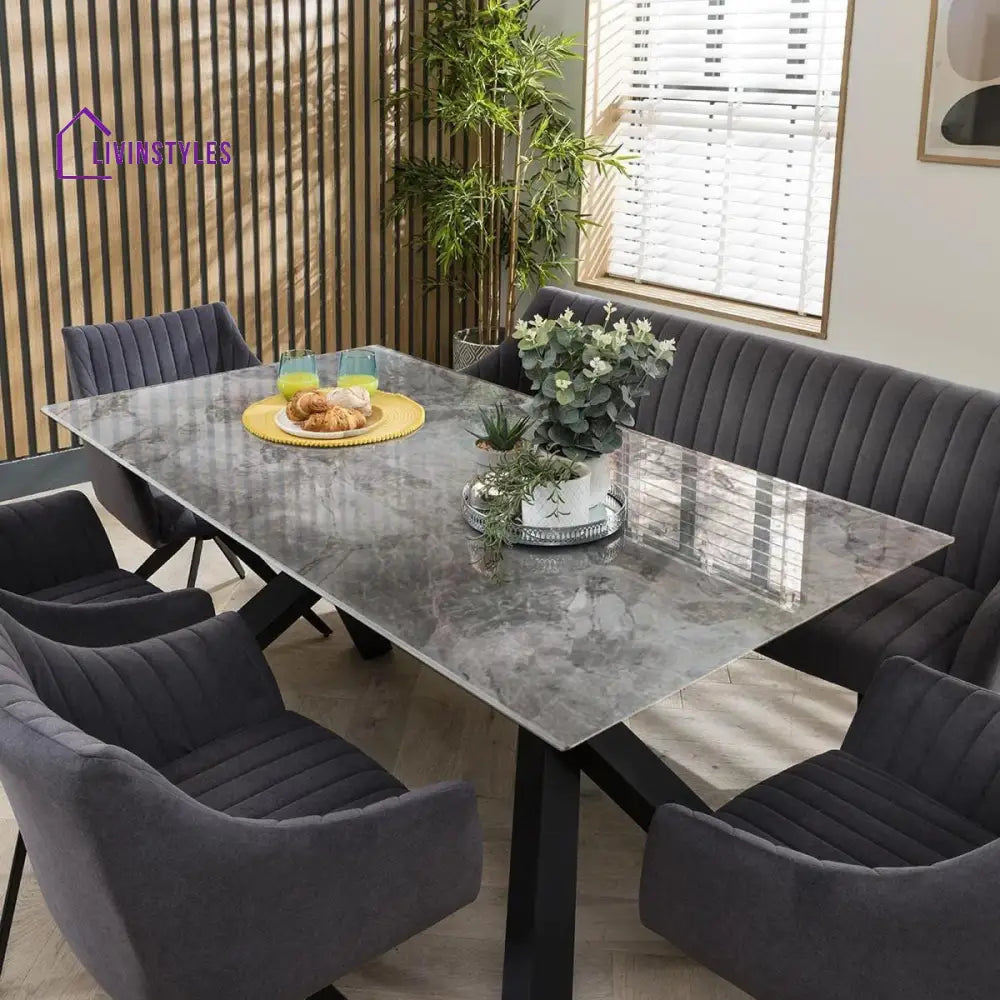 Bogdana Modern 6 Seater Marble Dining Table And Bench Set - Velvet Dining Room / Dining Sets