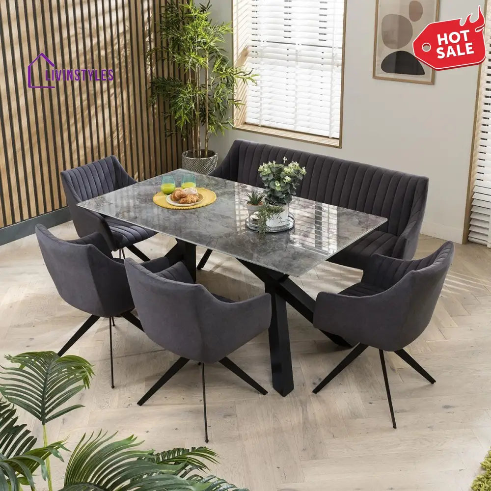 Bogdana Modern 6 Seater Marble Dining Table And Bench Set - Velvet Dining Room / Dining Sets