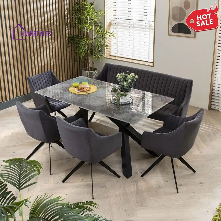 Bogdana Modern 6 Seater Marble Dining Table And Bench Set - Velvet Dining Room / Dining Sets