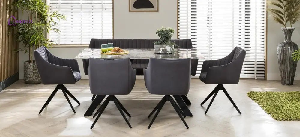 Bogdana Modern 6 Seater Marble Dining Table And Bench Set - Velvet Dining Room / Dining Sets
