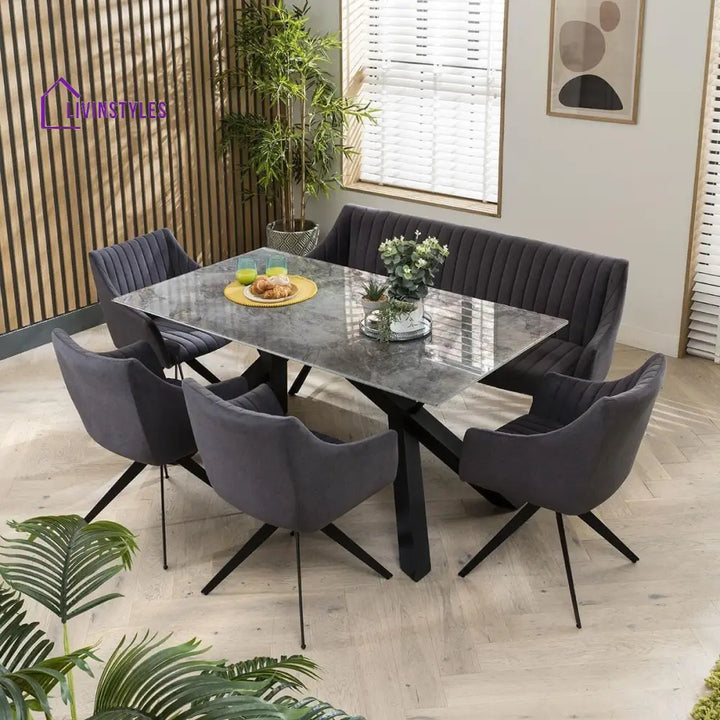 Bogdana Modern 6 Seater Marble Dining Table And Bench Set - Velvet Dining Room / Dining Sets