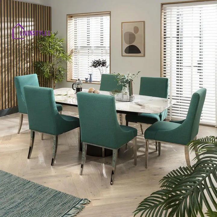 Bogdana Set of 2 Elegant High Back Dining Chairs Green Fabric - Polished Metal Legs Dining Room / Dining Chairs