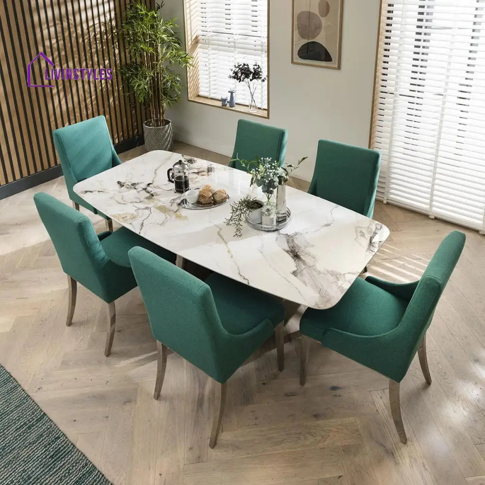 Bogdana Set of 2 Elegant High Back Dining Chairs Green Fabric - Polished Metal Legs Dining Room / Dining Chairs