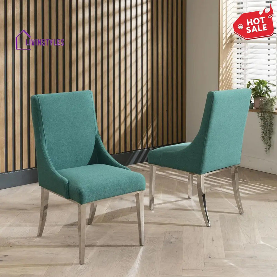 Bogdana Set of 2 Elegant High Back Dining Chairs Green Fabric - Polished Metal Legs Dining Room / Dining Chairs