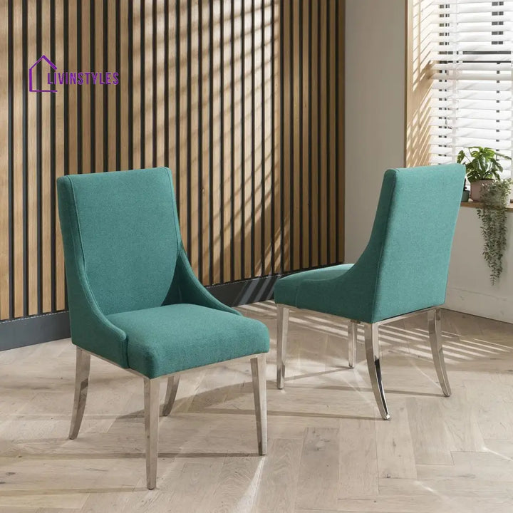 Bogdana Set of 2 Elegant High Back Dining Chairs Green Fabric - Polished Metal Legs Dining Room / Dining Chairs