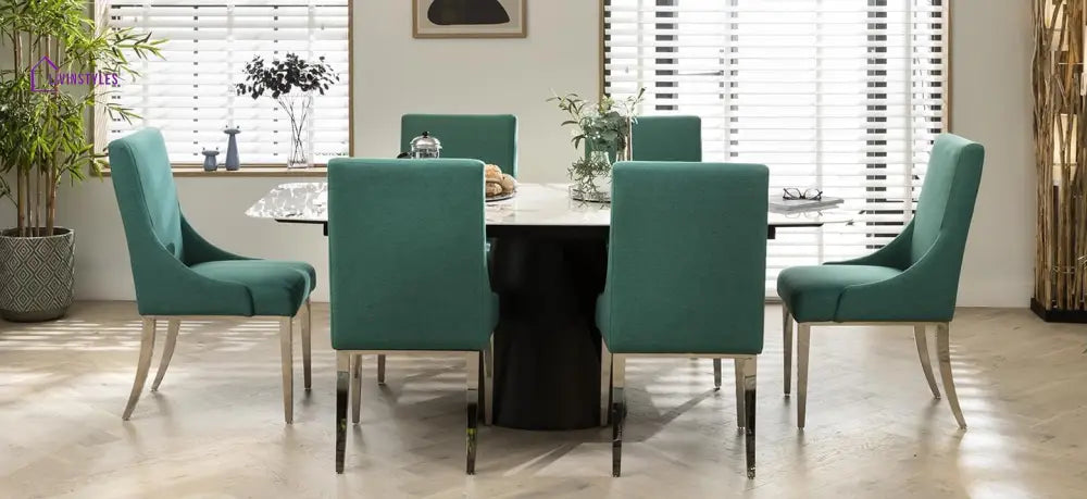 Bogdana Set of 2 Elegant High Back Dining Chairs Green Fabric - Polished Metal Legs Dining Room / Dining Chairs