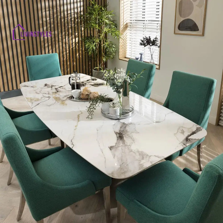 Bogdana Set of 2 Elegant High Back Dining Chairs Green Fabric - Polished Metal Legs Dining Room / Dining Chairs