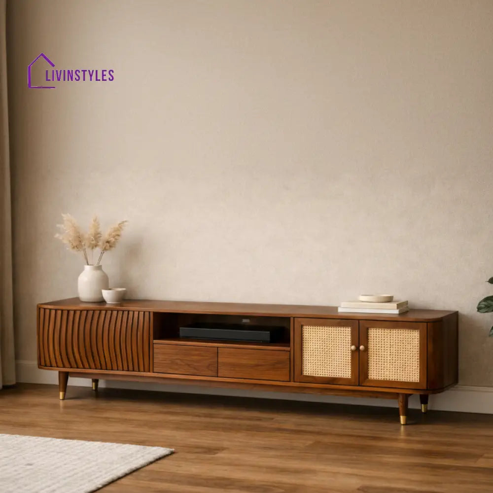 Boho Premium Solid Wood TV Unit with Cane Panel Cabinet